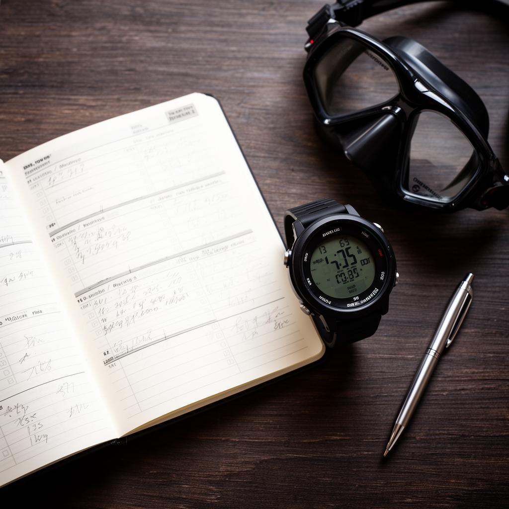 Open dive logbook with dive computer