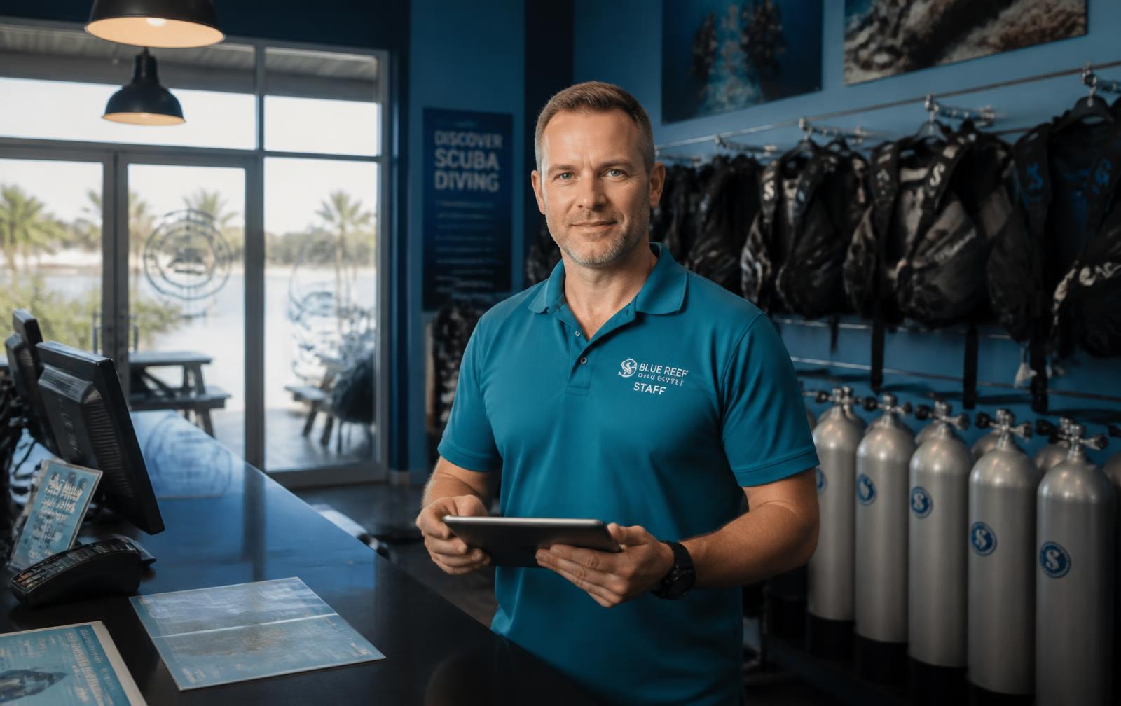 Dive centre owner checking the day's bookings on a tablet at the shop counter