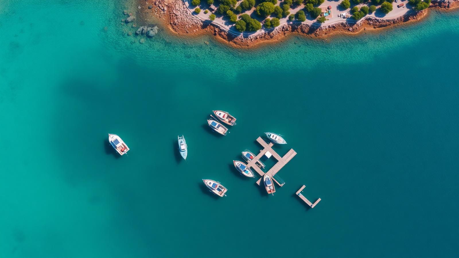 Aerial photograph of a coastal harbour with clear turquoise water
