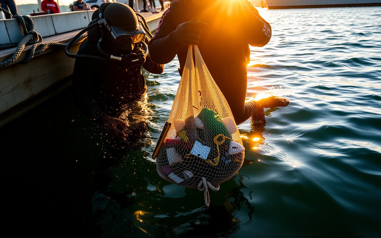 Volunteer divers surfacing at sunset with a bag of recovered marine debris